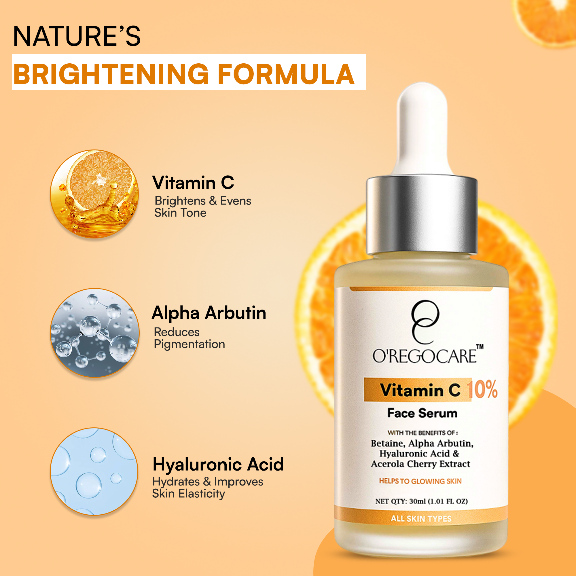 10% Vitamin C Face Serum with Hyaluronic Acid, Alpha Arbutin